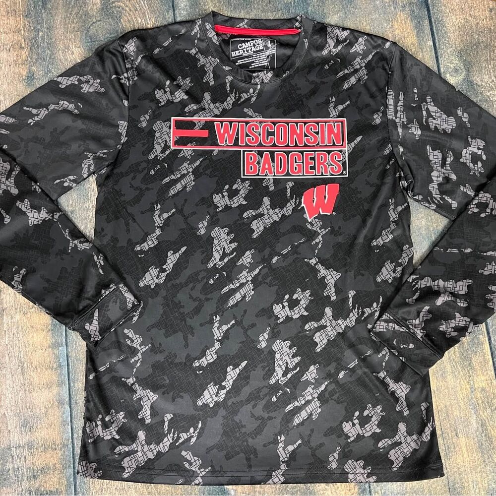 Campus Heritage Wisconsin Badgers Men’s Size Large Black, Gray, Camouflage Tee!